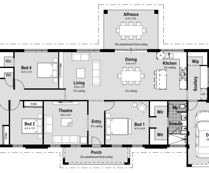 Experience rural farmhouse luxury with "The Davenport," a 4-bed, 2-bath, 2-car garage single-storey home in Perth, WA. Revel in real living on the large verandah and enjoy the massive master bedroom with double walk-in robes. Pamper yourself in the resort-style ensuite with hobless showers and double vanities. Entertain effortlessly in the open-plan living space with a chef's kitchen featuring stone benchtops, scullery, 900mm cooktop, and double ovens. The large alfresco is perfect for gatherings, and a front home theatre offers cinematic relaxation. Stay comfortable year-round with reverse cycle ducted air conditioning and bask in the grandeur of high ceilings. "The Davenport" ensures ample storage with a big linen closet, and its customizable design lets you personalize your dream home. Explore the charm of rural farmhouse living in this uniquely crafted Perth house design, combining style, comfort, and tailored luxury.