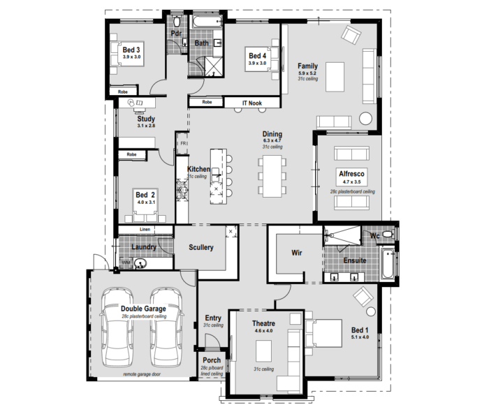 Discover The Odyssey: a 20m wide house design in Perth. Featuring a master bedroom at the front with an ensuite boasting hobless showers and double vanities. Enjoy a home theatre for entertainment and an award-winning chef's kitchen with stone benchtops and a scullery. The central alfresco seamlessly connects indoor and outdoor living. Experience year-round comfort with reverse cycle ducted air conditioning. Elevate your lifestyle in Perth with this thoughtfully designed and award-winning 20m house.