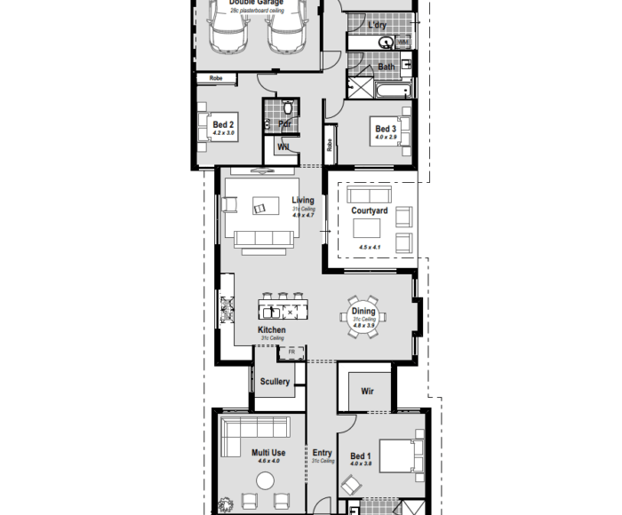 Embrace coastal living with The South Beach, a 15m wide house design in Perth. This single-storey haven features a rear garage for added curb appeal and convenience. The 4-bedroom, 2-bath layout includes a unique 2-car garage positioned at the back, optimizing space. The Master Bedroom, strategically placed at the front, boasts a spacious walk-in robe, and the resort-style ensuite offers indulgence with hobless showers, enormous vanities, and a luxurious bath. A massive open plan living area seamlessly integrates with a central courtyard, creating a serene retreat. The chefs kitchen, complete with stone benchtops, double ovens, and a 900mm cooktop, elevates culinary experiences. Enjoy premium inclusions, high ceilings, and year-round comfort with reverse cycle ducted air conditioning. This is not just a home; it's an invitation to redefine coastal elegance in Perth