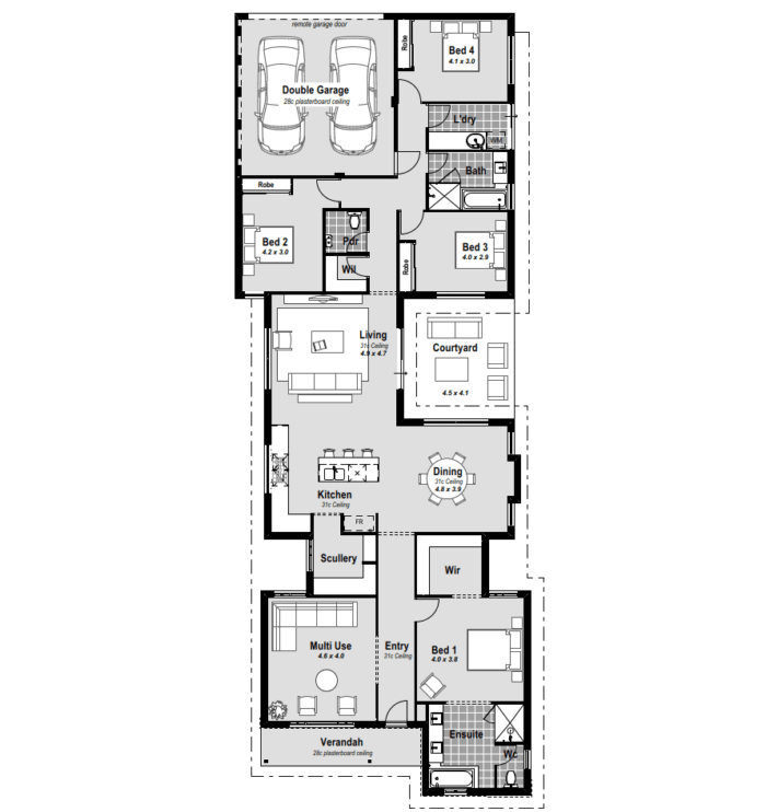 Embrace coastal living with The South Beach, a 15m wide house design in Perth. This single-storey haven features a rear garage for added curb appeal and convenience. The 4-bedroom, 2-bath layout includes a unique 2-car garage positioned at the back, optimizing space. The Master Bedroom, strategically placed at the front, boasts a spacious walk-in robe, and the resort-style ensuite offers indulgence with hobless showers, enormous vanities, and a luxurious bath. A massive open plan living area seamlessly integrates with a central courtyard, creating a serene retreat. The chefs kitchen, complete with stone benchtops, double ovens, and a 900mm cooktop, elevates culinary experiences. Enjoy premium inclusions, high ceilings, and year-round comfort with reverse cycle ducted air conditioning. This is not just a home; it's an invitation to redefine coastal elegance in Perth