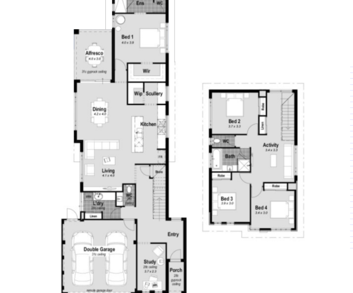 The Syracuse, a 4-bed, 2-bath, 2-car double-storey house in Perth, designed for a 10m frontage block. Features a spacious master bedroom downstairs with a walk-in robe, resort-style ensuite, and study. The alfresco is under the main roof, and the chef's kitchen boasts stone benchtops, 900mm cooktop, and double ovens. Minor bedrooms upstairs with high ceilings on the ground floor. Built with double brick construction and an engineered suspended concrete slab. Premium inclusions include reverse cycle ducted air conditioning.