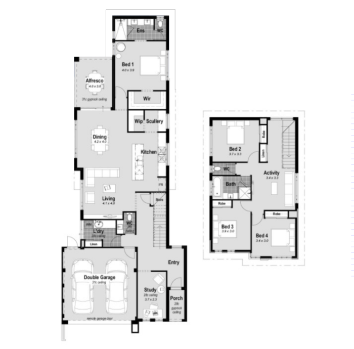 The Syracuse, a 4-bed, 2-bath, 2-car double-storey house in Perth, designed for a 10m frontage block. Features a spacious master bedroom downstairs with a walk-in robe, resort-style ensuite, and study. The alfresco is under the main roof, and the chef's kitchen boasts stone benchtops, 900mm cooktop, and double ovens. Minor bedrooms upstairs with high ceilings on the ground floor. Built with double brick construction and an engineered suspended concrete slab. Premium inclusions include reverse cycle ducted air conditioning.