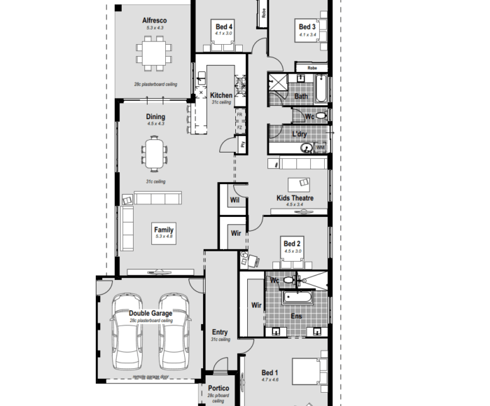 The Beaufort: A 4 bed, 2 bath, 2 car garage single-storey house design in Perth. Features include a study, chef's kitchen with scullery, stone benchtops, double ovens, and a 900mm cooktop. Enjoy the alfresco and high ceilings, along with premium inclusions. The ensuite offers hobless showers, complemented by reverse cycle ducted air conditioning. Elevate your living with this prime example of contemporary house design in Perth