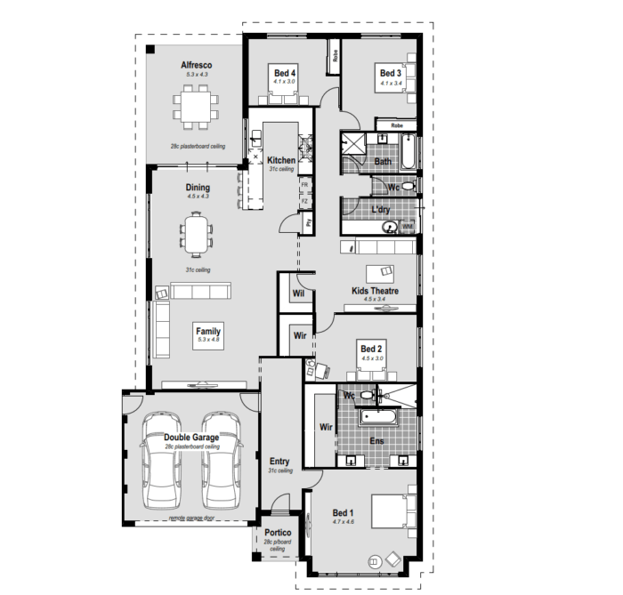 The Beaufort: A 4 bed, 2 bath, 2 car garage single-storey house design in Perth. Features include a study, chef's kitchen with scullery, stone benchtops, double ovens, and a 900mm cooktop. Enjoy the alfresco and high ceilings, along with premium inclusions. The ensuite offers hobless showers, complemented by reverse cycle ducted air conditioning. Elevate your living with this prime example of contemporary house design in Perth