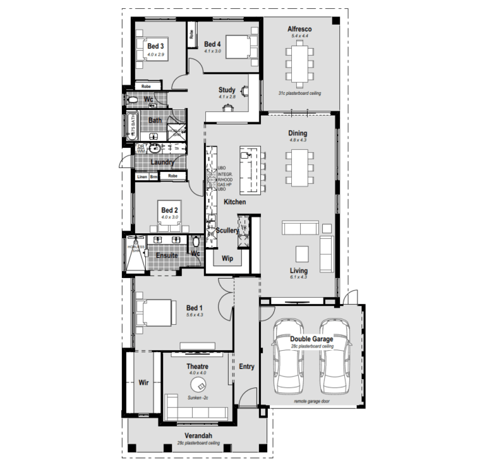 Discover The Alto—an exquisite 4-bed, 2-bath, 2-car garage house designed for a 15m wide block in Perth. Embrace the Hamptons feel with a large verandah welcoming you into a single-storey haven. The master bedroom, tucked behind the AV room, features a massive dressing room and a resort-style ensuite with hobless showers and double vanities—a true retreat. Enjoy open plan living with a chef's kitchen boasting stone benchtops, a scullery, 900mm cooktop, and double ovens. Extend your living space to the large alfresco while the AV room at the front ensures entertainment is at your fingertips. With reverse cycle ducted air conditioning, high ceilings, and a customizable design, The Alto encapsulates the epitome of contemporary living in Perth.