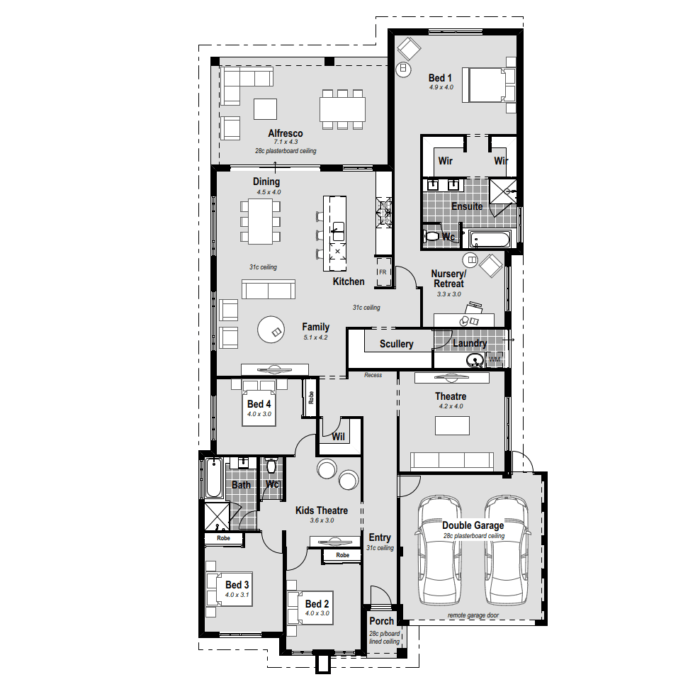 Explore The Bel Air, a 15m wide house design in Perth. This single-storey masterpiece features an AV room, activity room, and a master bedroom at the rear for privacy. Enjoy a nursery or parents' retreat adjacent to the master, with a resort-style ensuite boasting hobless showers and double vanities. Experience luxury in the home theatre, and the chefs' kitchen with stone benchtops. The alfresco area is perfect for outdoor living, and with reverse cycle ducted air conditioning, comfort is paramount. Elevate your lifestyle in Perth with The Bel Air, where thoughtful design meets modern elegance.