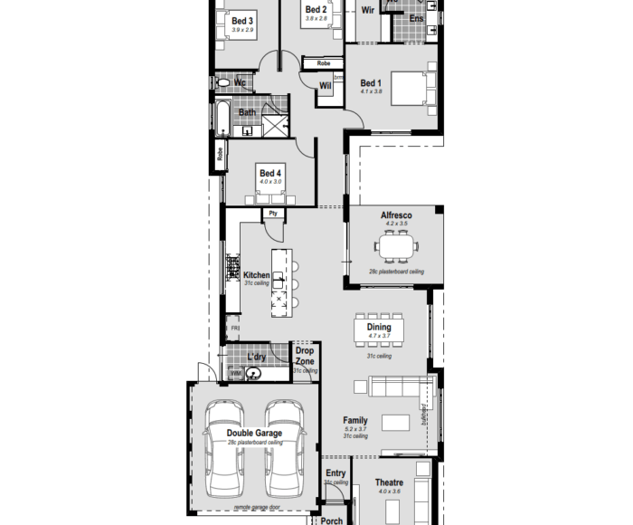 The Escape: 4-bed, 2-bath, 2-car, HIA Award Winner 2021 for Best Kitchen & Bathroom. Perfect for a 12.5m frontage, this Perth house design features a side living layout, a front home theatre, and a spacious master bedroom at the back. The resort-style ensuite includes hobless showers and double vanities. Enjoy massive open plan living, a chef's kitchen with a WIP, stone benchtops, and a 900mm cooktop. A drop zone connects the garage to the kitchen for convenience. The central courtyard alfresco seamlessly merges indoor and outdoor spaces. Recognized as the Display Home of the Year, The Escape offers high ceilings and premium inclusions like reverse cycle ducted air conditioning.