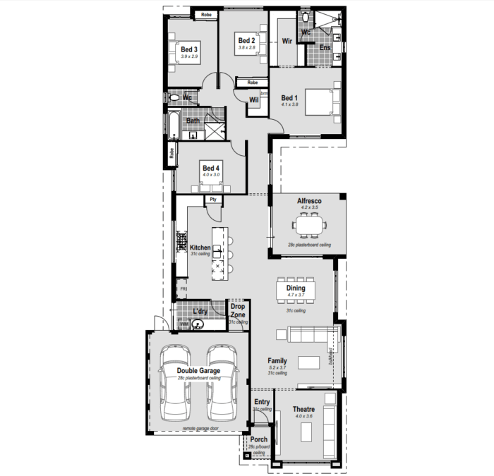 The Escape: 4-bed, 2-bath, 2-car, HIA Award Winner 2021 for Best Kitchen & Bathroom. Perfect for a 12.5m frontage, this Perth house design features a side living layout, a front home theatre, and a spacious master bedroom at the back. The resort-style ensuite includes hobless showers and double vanities. Enjoy massive open plan living, a chef's kitchen with a WIP, stone benchtops, and a 900mm cooktop. A drop zone connects the garage to the kitchen for convenience. The central courtyard alfresco seamlessly merges indoor and outdoor spaces. Recognized as the Display Home of the Year, The Escape offers high ceilings and premium inclusions like reverse cycle ducted air conditioning.