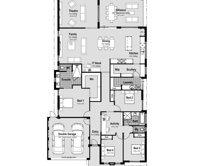 The Haven: Luxurious 4-bed, 2-bath, 2-car Perth house design with a rear living layout, home theatre, and resort-style master ensuite. Massive open plan living, chef's kitchen, rear alfresco, activity spaces, and a charming country-style verandah. High ceilings, premium inclusions, and reverse cycle ducted air conditioning make it a haven of modern luxury.