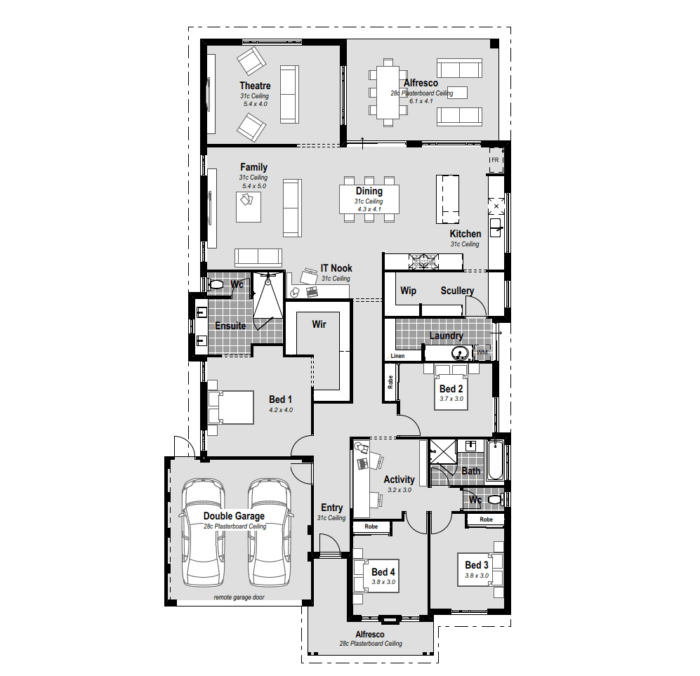 The Haven: Luxurious 4-bed, 2-bath, 2-car Perth house design with a rear living layout, home theatre, and resort-style master ensuite. Massive open plan living, chef's kitchen, rear alfresco, activity spaces, and a charming country-style verandah. High ceilings, premium inclusions, and reverse cycle ducted air conditioning make it a haven of modern luxury.
