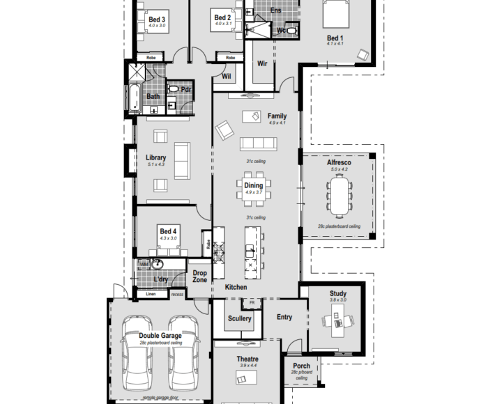 Discover luxury in The Katherine, a 17m wide house design in Perth. Featuring a master bedroom at the rear, central courtyard, AV room, activity room, and a home theatre. The ensuite offers hobless showers and double vanities. The chef's kitchen boasts stone benchtops, while the alfresco adds to the charm. With reverse cycle ducted air conditioning, The Katherine ensures year-round comfort. Explore innovative 17m house designs in Perth that redefine contemporary living.