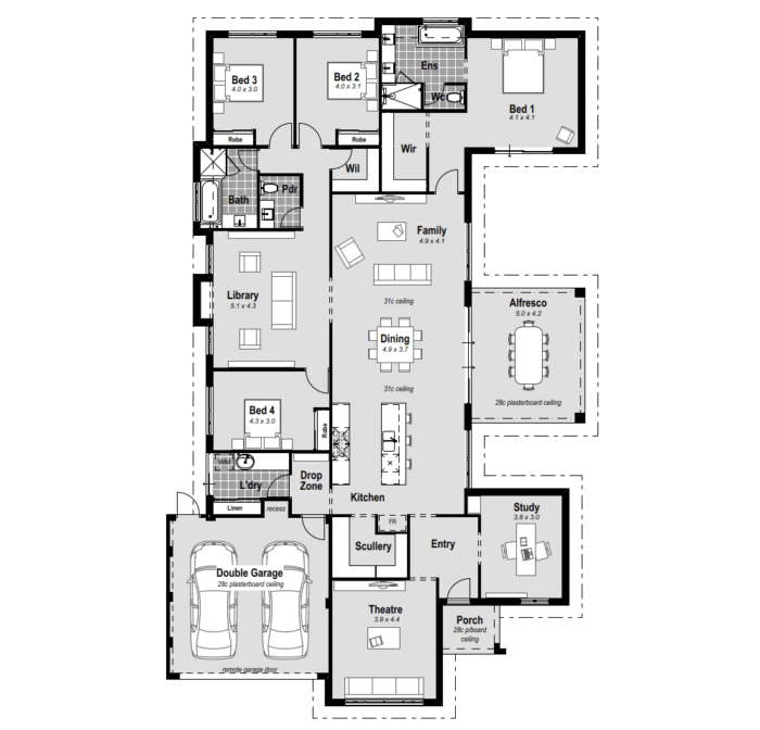 Discover luxury in The Katherine, a 17m wide house design in Perth. Featuring a master bedroom at the rear, central courtyard, AV room, activity room, and a home theatre. The ensuite offers hobless showers and double vanities. The chef's kitchen boasts stone benchtops, while the alfresco adds to the charm. With reverse cycle ducted air conditioning, The Katherine ensures year-round comfort. Explore innovative 17m house designs in Perth that redefine contemporary living.