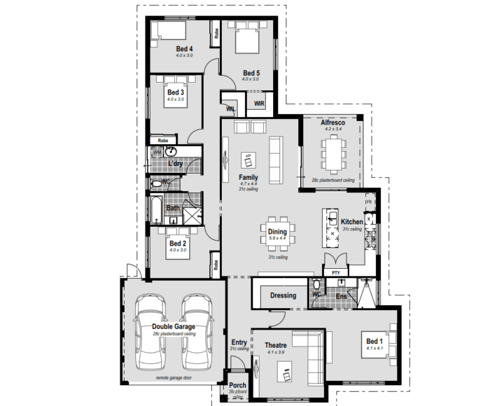 Explore The Manhattan, an 18m wide house design in Perth with 5 bedrooms. The master bedroom at the front features an ensuite with hobless showers and double vanities. Enjoy entertainment in the home theatre, and culinary delights in the chef's kitchen with stone benchtops. The alfresco seamlessly connects indoor and outdoor living, perfect for Perth's lifestyle. Stay comfortable with reverse cycle ducted air conditioning. Discover the epitome of modern living in this thoughtfully designed 18m house in Perth.