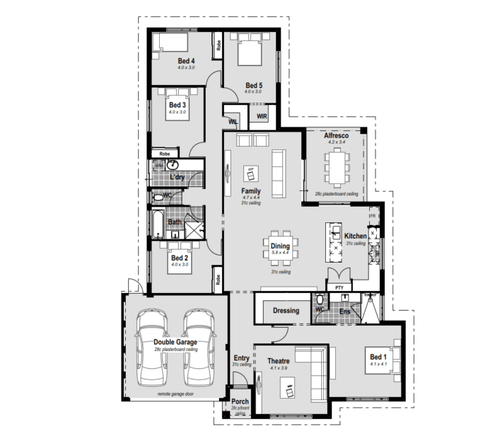 Explore The Manhattan, an 18m wide house design in Perth with 5 bedrooms. The master bedroom at the front features an ensuite with hobless showers and double vanities. Enjoy entertainment in the home theatre, and culinary delights in the chef's kitchen with stone benchtops. The alfresco seamlessly connects indoor and outdoor living, perfect for Perth's lifestyle. Stay comfortable with reverse cycle ducted air conditioning. Discover the epitome of modern living in this thoughtfully designed 18m house in Perth.