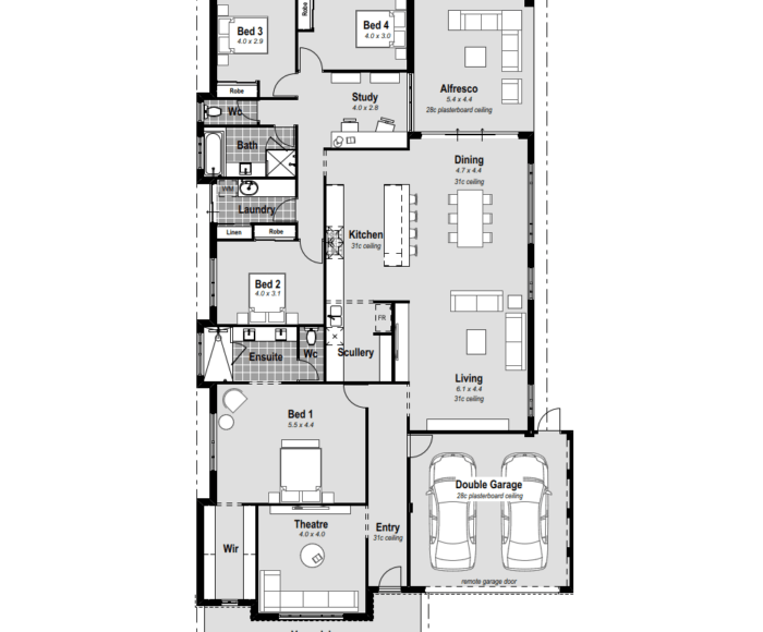 The Prodigy: 4-bed, 15m frontage, single-storey design. Home theatre, resort-style ensuite, open living, chef's kitchen, scullery, rear alfresco, study, high ceilings. Premium inclusions, ducted air con. Perth house.