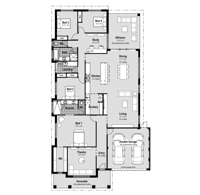 The Prodigy: 4-bed, 15m frontage, single-storey design. Home theatre, resort-style ensuite, open living, chef's kitchen, scullery, rear alfresco, study, high ceilings. Premium inclusions, ducted air con. Perth house.