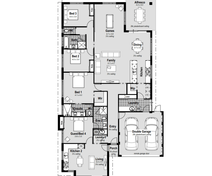 The South Sea: 4-bed design for 15m frontage. Unique dual-home concept, separate entry, own laundry, kitchen, dining, bedroom, and ensuite – ideal for teens or guests. Single-storey, resort-style ensuite, hobless showers, double vanities, massive open plan living, chef's kitchen with stone benchtops, 900mm cooktop, rear alfresco, games room, high ceilings, premium inclusions, reverse cycle ducted air conditioning. Perth house design.