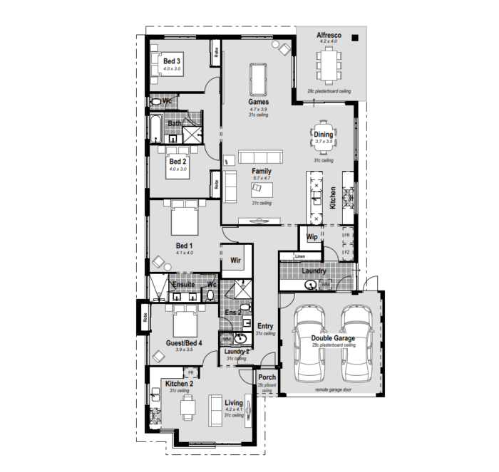 The South Sea: 4-bed design for 15m frontage. Unique dual-home concept, separate entry, own laundry, kitchen, dining, bedroom, and ensuite – ideal for teens or guests. Single-storey, resort-style ensuite, hobless showers, double vanities, massive open plan living, chef's kitchen with stone benchtops, 900mm cooktop, rear alfresco, games room, high ceilings, premium inclusions, reverse cycle ducted air conditioning. Perth house design.