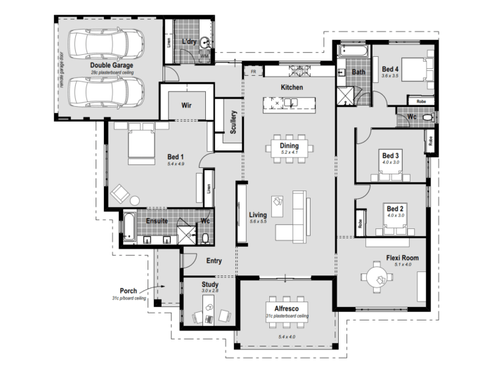The Toorak: A 4-bedroom e-design ideal for 20m frontages. Maximizing space, it's bathed in light with magnificent raking windows. A gourmet kitchen with walk-in scullery, 2 baths, and a 2-car garage make it both stylish and practical. This single-storey house design boasts a resort-style ensuite in the master bedroom, featuring hobless showers, enormous vanities, and a luxurious bath. Enjoy the expansive open plan living area, complemented by a chef's kitchen with stone benchtops and a 900mm cooktop. The central courtyard alfresco seamlessly connects indoor and outdoor spaces. With a dedicated study and games room, high ceilings, and premium inclusions like reverse cycle ducted air conditioning, The Toorak defines modern living. Discover unmatched elegance in house designs in Perth.