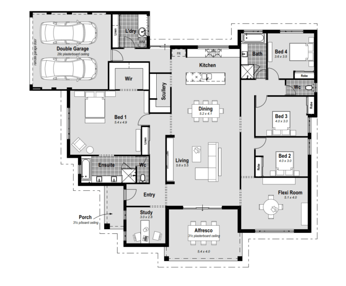 The Toorak: A 4-bedroom e-design ideal for 20m frontages. Maximizing space, it's bathed in light with magnificent raking windows. A gourmet kitchen with walk-in scullery, 2 baths, and a 2-car garage make it both stylish and practical. This single-storey house design boasts a resort-style ensuite in the master bedroom, featuring hobless showers, enormous vanities, and a luxurious bath. Enjoy the expansive open plan living area, complemented by a chef's kitchen with stone benchtops and a 900mm cooktop. The central courtyard alfresco seamlessly connects indoor and outdoor spaces. With a dedicated study and games room, high ceilings, and premium inclusions like reverse cycle ducted air conditioning, The Toorak defines modern living. Discover unmatched elegance in house designs in Perth.
