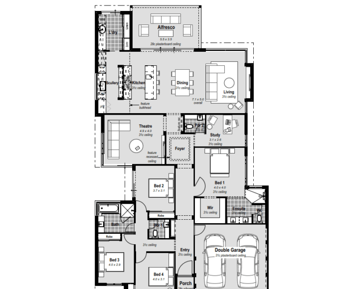 Explore modern living in Perth, WA, with The Colonnade—a single-storey 4-bed, 2-bath home featuring a rear living layout. Enjoy seamless indoor-outdoor flow with a chic alfresco space. The house includes a study and home theatre with high ceilings, offering a premium living experience. The chef's kitchen, with stone benchtops and a separate scullery, adds a touch of luxury. Relax in the resort-style ensuite with hobless showers and a huge walk-in robe. With a 2-car garage and thoughtful design, The Colonnade epitomizes contemporary comfort in a single-storey haven. Elevate your lifestyle with this stylish and functional home.