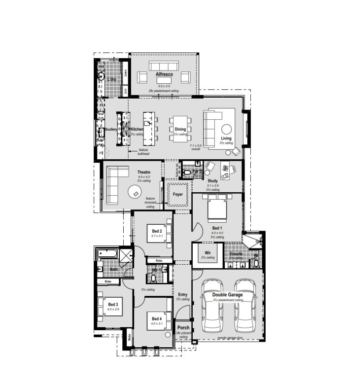 Explore modern living in Perth, WA, with The Colonnade—a single-storey 4-bed, 2-bath home featuring a rear living layout. Enjoy seamless indoor-outdoor flow with a chic alfresco space. The house includes a study and home theatre with high ceilings, offering a premium living experience. The chef's kitchen, with stone benchtops and a separate scullery, adds a touch of luxury. Relax in the resort-style ensuite with hobless showers and a huge walk-in robe. With a 2-car garage and thoughtful design, The Colonnade epitomizes contemporary comfort in a single-storey haven. Elevate your lifestyle with this stylish and functional home.