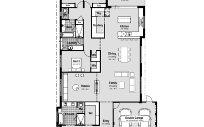 Home Designs Perth - House Plans - Single Storey & Two Storey House Designs. Custom Design Solutions. - Entertainer FP Experience unmatched luxury and entertainment in The Entertainer, a single-storey 4-bed, 2-bath, 2-car garage home in Perth. Recognized with the 2019 HIA awards for Best Kitchen and Best Bathroom, this residence boasts a walk-through kitchen connecting seamlessly to the alfresco. Revel in the resort-style ensuite, open-plan living, chef's kitchen with stone benchtops, a scullery, and a home theatre. The master bedroom features a walk-in robe, while large minor bedrooms offer comfort. Enjoy year-round comfort with reverse cycle ducted air conditioning and high ceilings. With customizable design, make The Entertainer your perfect haven in vibrant Perth, WA.