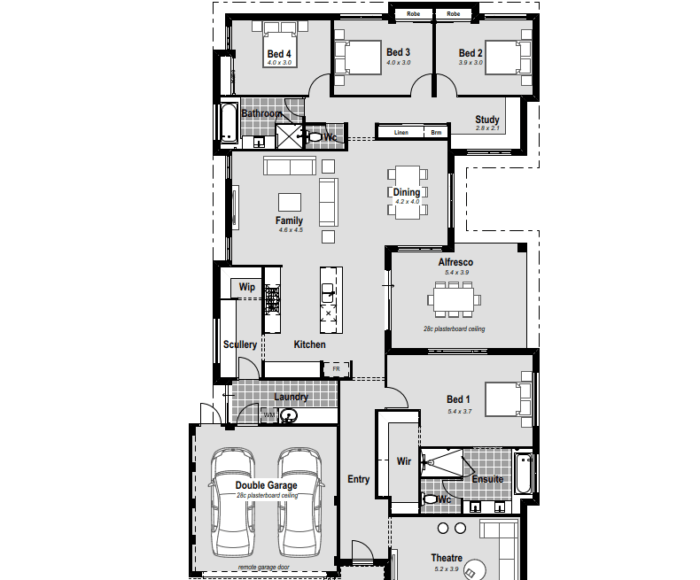 Discover The Sentosa, a single-storey 4-bed, 2-bath, 2-car garage home in Perth, featuring a unique C-shaped design. Enjoy seamless indoor-outdoor living with a central alfresco space. The master bedroom boasts walk-in robes and a resort-style ensuite with hobless showers and double vanities. Experience open-plan living, a chef's kitchen with stone benchtops, a 900mm cooktop, and double ovens. The home theatre, spacious minor bedrooms, study, and reverse cycle ducted air conditioning enhance comfort. High ceilings, ample storage, and a customizable design reflect modern Perth living. Elevate your lifestyle with The Sentosa, where every detail is designed for your unique preferences.