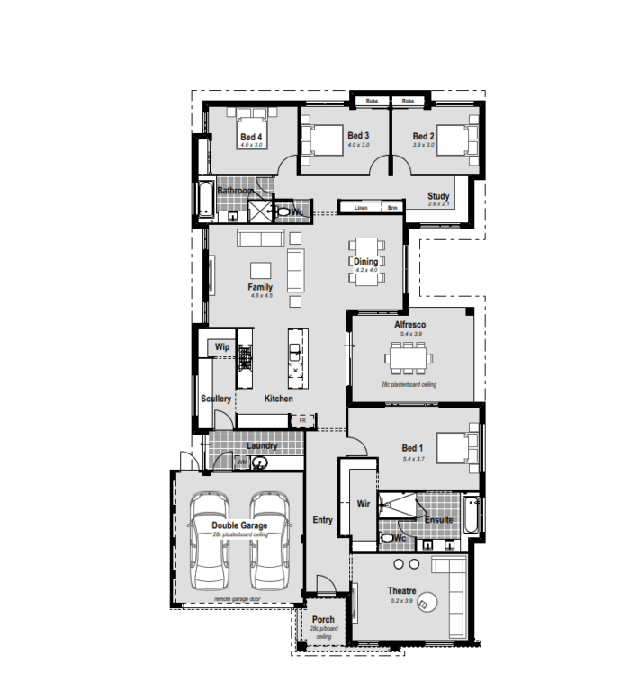 Discover The Sentosa, a single-storey 4-bed, 2-bath, 2-car garage home in Perth, featuring a unique C-shaped design. Enjoy seamless indoor-outdoor living with a central alfresco space. The master bedroom boasts walk-in robes and a resort-style ensuite with hobless showers and double vanities. Experience open-plan living, a chef's kitchen with stone benchtops, a 900mm cooktop, and double ovens. The home theatre, spacious minor bedrooms, study, and reverse cycle ducted air conditioning enhance comfort. High ceilings, ample storage, and a customizable design reflect modern Perth living. Elevate your lifestyle with The Sentosa, where every detail is designed for your unique preferences.