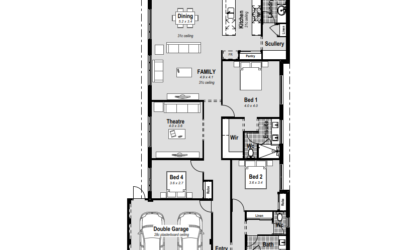 Home Designs Perth - House Plans - Single Storey & Two Storey House Designs. Custom Design Solutions. - Soiree FP Discover The Soiree: a single-storey 4-bed, 2-bath, 2-car garage haven tailored for Perth living on a 12.5m wide block. The master bedroom boasts a walk-in robe and a resort-style ensuite with hobless showers and double vanities. Embrace open-plan rear living, complemented by a chef's kitchen and scullery featuring stone benchtops, a 900mm cooktop, and double ovens. Enjoy movie nights in the home theatre, while large minor bedrooms ensure family comfort. With reverse cycle ducted air conditioning and high ceilings, this customizable design reflects modern living at its finest in Perth, WA. Shape your dream home with The Soiree.