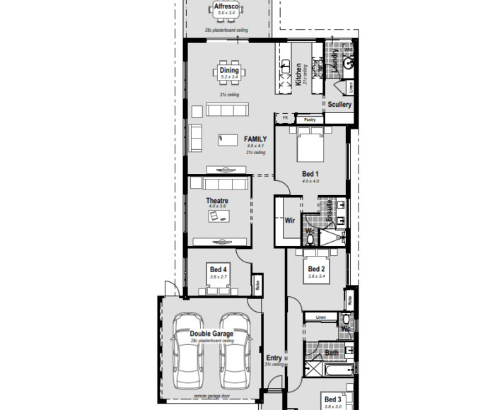 Discover The Soiree: a single-storey 4-bed, 2-bath, 2-car garage haven tailored for Perth living on a 12.5m wide block. The master bedroom boasts a walk-in robe and a resort-style ensuite with hobless showers and double vanities. Embrace open-plan rear living, complemented by a chef's kitchen and scullery featuring stone benchtops, a 900mm cooktop, and double ovens. Enjoy movie nights in the home theatre, while large minor bedrooms ensure family comfort. With reverse cycle ducted air conditioning and high ceilings, this customizable design reflects modern living at its finest in Perth, WA. Shape your dream home with The Soiree.