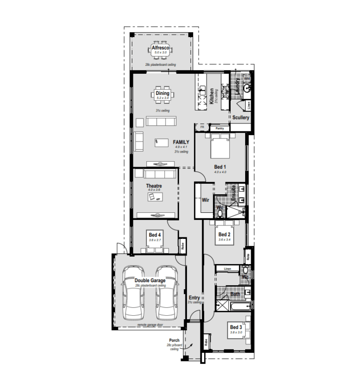 Discover The Soiree: a single-storey 4-bed, 2-bath, 2-car garage haven tailored for Perth living on a 12.5m wide block. The master bedroom boasts a walk-in robe and a resort-style ensuite with hobless showers and double vanities. Embrace open-plan rear living, complemented by a chef's kitchen and scullery featuring stone benchtops, a 900mm cooktop, and double ovens. Enjoy movie nights in the home theatre, while large minor bedrooms ensure family comfort. With reverse cycle ducted air conditioning and high ceilings, this customizable design reflects modern living at its finest in Perth, WA. Shape your dream home with The Soiree.