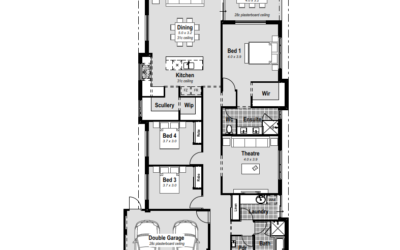 Home Designs Perth - House Plans - Single Storey & Two Storey House Designs. Custom Design Solutions.- Verve FP Discover "The Verve," a single-storey house design tailored for modern living in Perth, WA. Ideal for a 12.5m wide block, this 4 bed, 2 bath, 2 car garage home exudes luxury and practicality. The master bedroom boasts a walk-in robe and a resort-style ensuite with hobless showers and double vanities. Enjoy open-plan living, a chef's kitchen with stone benchtops, a scullery, and a home theatre for entertainment. Large minor bedrooms, an alfresco attached to the master, and reverse cycle ducted air conditioning enhance comfort. With high ceilings and customizable design, "The Verve" is your perfect Perth residence.