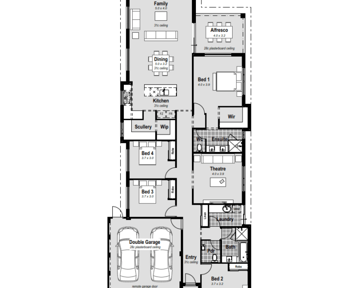 Discover "The Verve," a single-storey house design tailored for modern living in Perth, WA. Ideal for a 12.5m wide block, this 4 bed, 2 bath, 2 car garage home exudes luxury and practicality. The master bedroom boasts a walk-in robe and a resort-style ensuite with hobless showers and double vanities. Enjoy open-plan living, a chef's kitchen with stone benchtops, a scullery, and a home theatre for entertainment. Large minor bedrooms, an alfresco attached to the master, and reverse cycle ducted air conditioning enhance comfort. With high ceilings and customizable design, "The Verve" is your perfect Perth residence.