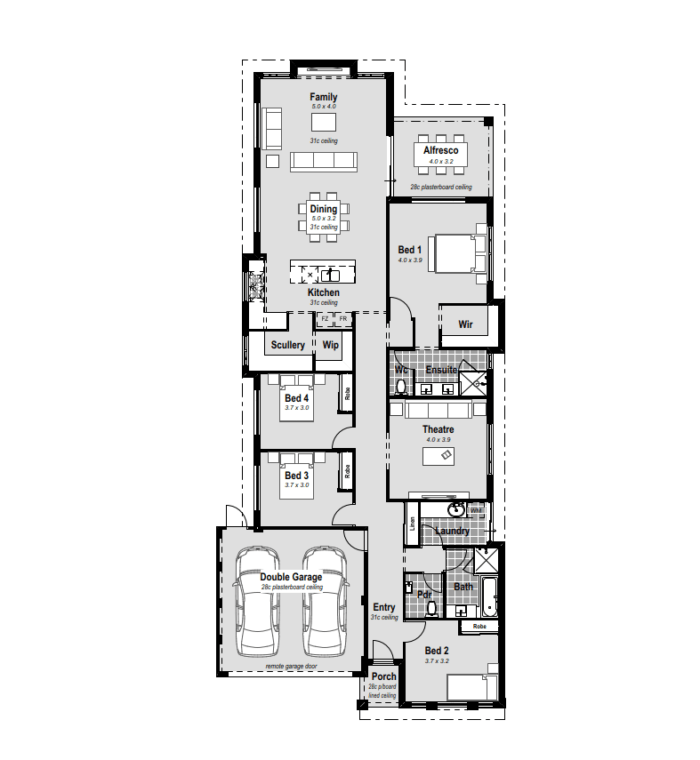 Discover "The Verve," a single-storey house design tailored for modern living in Perth, WA. Ideal for a 12.5m wide block, this 4 bed, 2 bath, 2 car garage home exudes luxury and practicality. The master bedroom boasts a walk-in robe and a resort-style ensuite with hobless showers and double vanities. Enjoy open-plan living, a chef's kitchen with stone benchtops, a scullery, and a home theatre for entertainment. Large minor bedrooms, an alfresco attached to the master, and reverse cycle ducted air conditioning enhance comfort. With high ceilings and customizable design, "The Verve" is your perfect Perth residence.