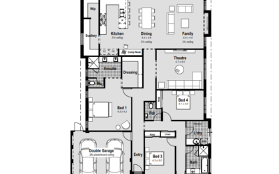 Home Designs Perth - House Plans - Single Storey & Two Storey House Designs. Custom Design Solutions. - Vision FP Discover "The Vision," a single-storey masterpiece in Perth designed for a 15m wide block. Revel in open-plan rear living, a massive walk-in robe in the master bedroom, and a resort-style ensuite with hobless showers. The chef's kitchen and scullery boast stone benchtops, a 900mm cooktop, and double ovens, perfect for culinary enthusiasts. Enjoy entertainment in the home theatre, and relax in large minor bedrooms. Additional features include a powder room, alfresco area, reverse cycle ducted air conditioning, and high ceilings. Customize your dream home with this versatile design, tailored to suit your preferences in Perth, WA.