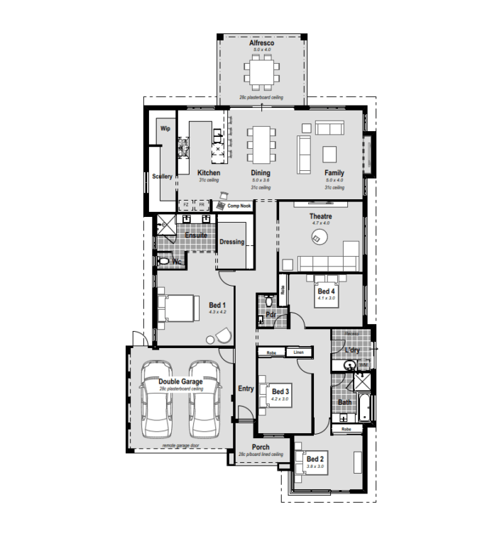 Discover "The Vision," a single-storey masterpiece in Perth designed for a 15m wide block. Revel in open-plan rear living, a massive walk-in robe in the master bedroom, and a resort-style ensuite with hobless showers. The chef's kitchen and scullery boast stone benchtops, a 900mm cooktop, and double ovens, perfect for culinary enthusiasts. Enjoy entertainment in the home theatre, and relax in large minor bedrooms. Additional features include a powder room, alfresco area, reverse cycle ducted air conditioning, and high ceilings. Customize your dream home with this versatile design, tailored to suit your preferences in Perth, WA.