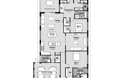 Home Designs Perth - House Plans - Single Storey & Two Storey House Designs. Custom Design Solutions. -  milestone fp Discover the epitome of modern living with "The Milestone," a 4-bed, 2-bath, 2-car garage single-storey house designed for Perth's dynamic lifestyle. Perfect for a 15m wide block, this residence seamlessly blends style and functionality. The front study offers a versatile space, while the open-plan living and chef's kitchen, featuring stone benchtops and top-notch appliances, create a hub for relaxation and culinary delights. The massive master bedroom boasts a huge walk-in robe and a resort-style ensuite with hobless showers and double vanities. Enjoy entertainment with a home theatre, spacious minor bedrooms, a computer nook, alfresco, and a walk-in linen. The Portico and high ceilings add a touch of elegance. Customizable design allows you to shape your dream home in Perth, WA, with the comfort of reverse cycle ducted air conditioning. Welcome home to The Milestone!