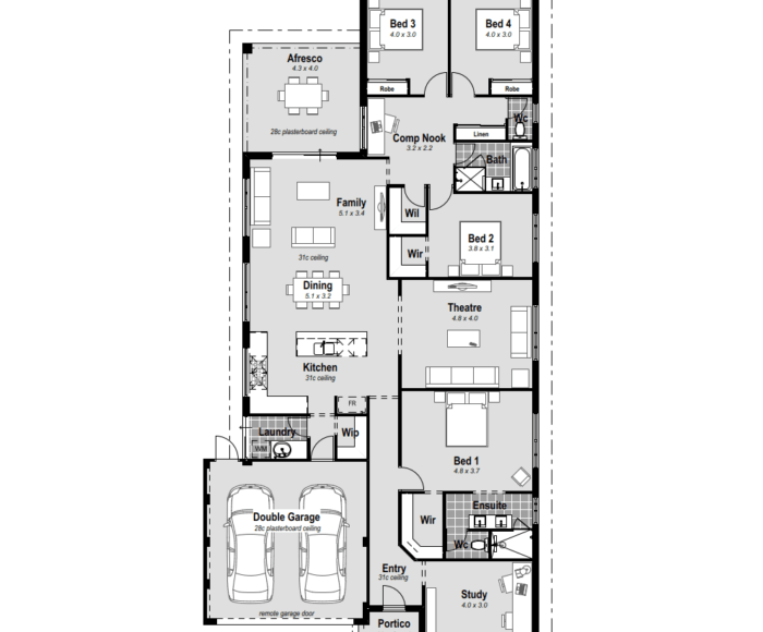 Discover the epitome of modern living with "The Milestone," a 4-bed, 2-bath, 2-car garage single-storey house designed for Perth's dynamic lifestyle. Perfect for a 15m wide block, this residence seamlessly blends style and functionality. The front study offers a versatile space, while the open-plan living and chef's kitchen, featuring stone benchtops and top-notch appliances, create a hub for relaxation and culinary delights. The massive master bedroom boasts a huge walk-in robe and a resort-style ensuite with hobless showers and double vanities. Enjoy entertainment with a home theatre, spacious minor bedrooms, a computer nook, alfresco, and a walk-in linen. The Portico and high ceilings add a touch of elegance. Customizable design allows you to shape your dream home in Perth, WA, with the comfort of reverse cycle ducted air conditioning. Welcome home to The Milestone!
